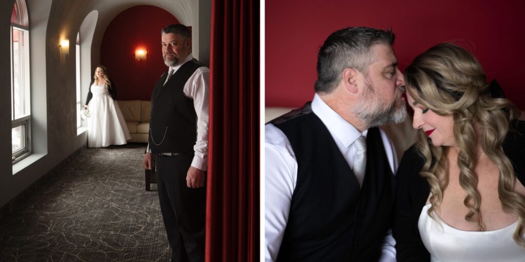 editorial style winter wedding couple at Sterling Inn & Spa before their court house wedding